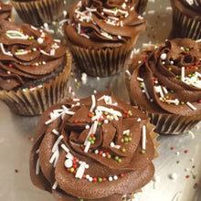 Load image into Gallery viewer, Chocolate Cupcakes with Chocolate or Vanilla Frosting (6-pk) with or without Holiday Sprinkles (dye-free)
